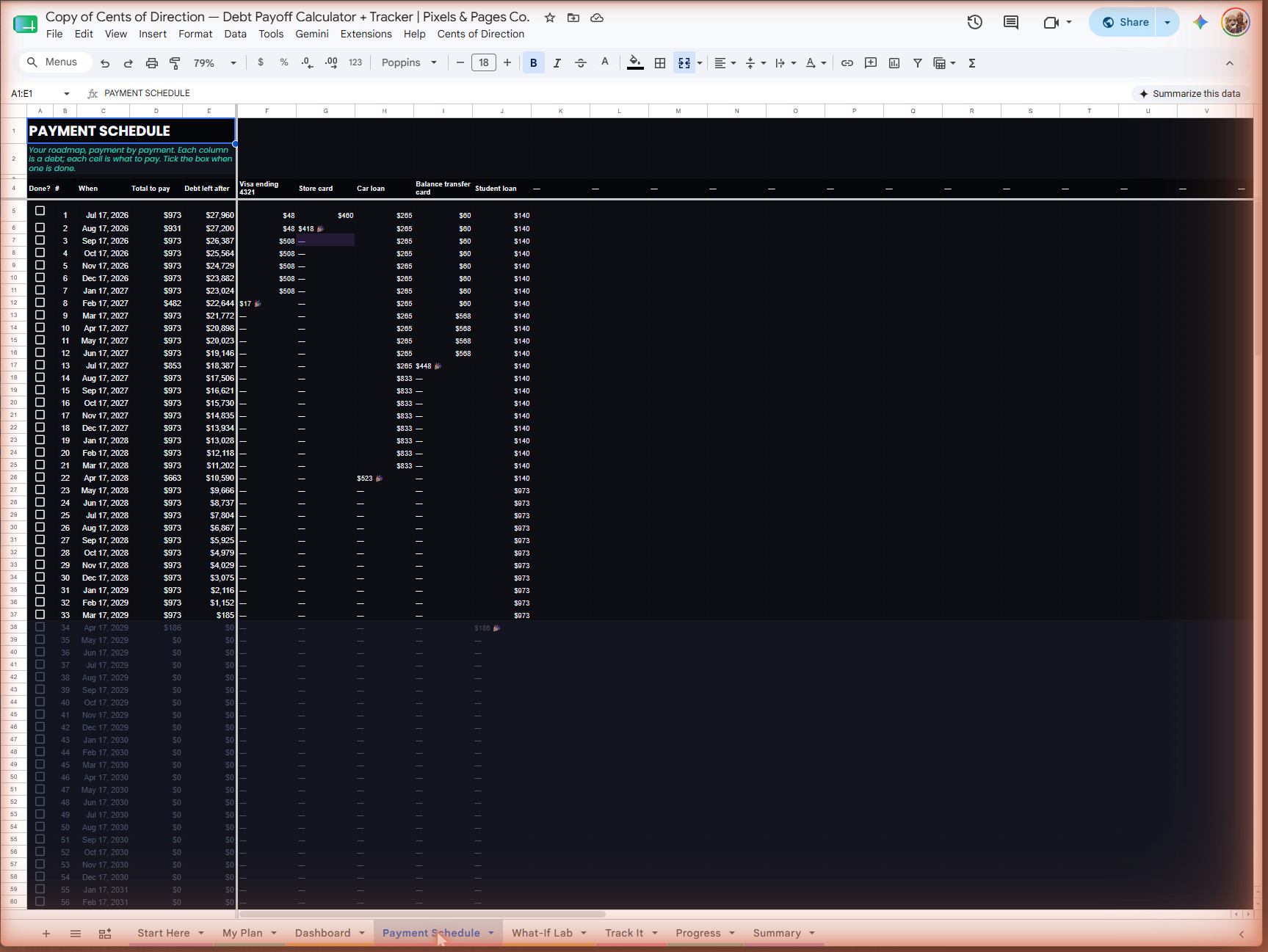 Real screenshot — Payment Schedule, every payment laid out